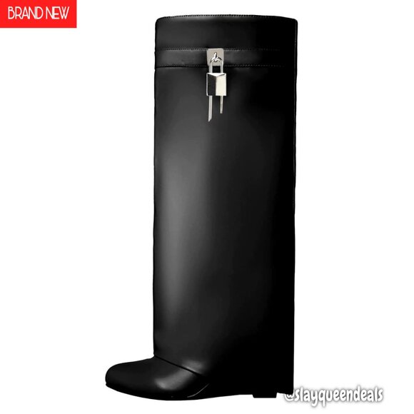 Wide-Calf Fold Over Knee High Boots Wedge Heel Pointed Toe Dress Boots